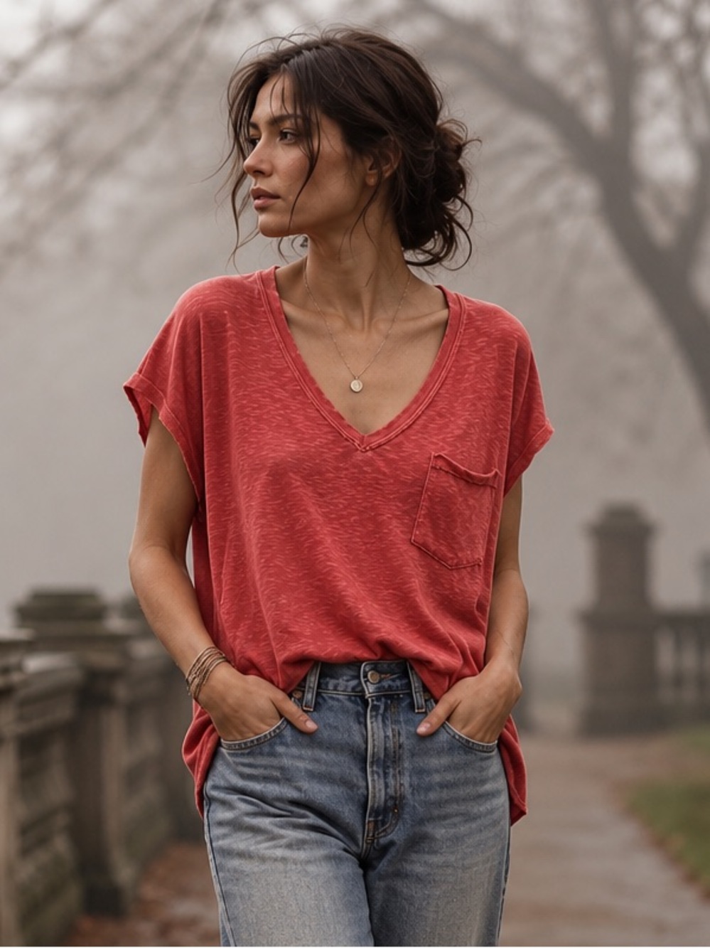 BKE XL Coral Red Slub Knit Raw Edge V-Neck Pocket Top Relaxed Boho Coastal